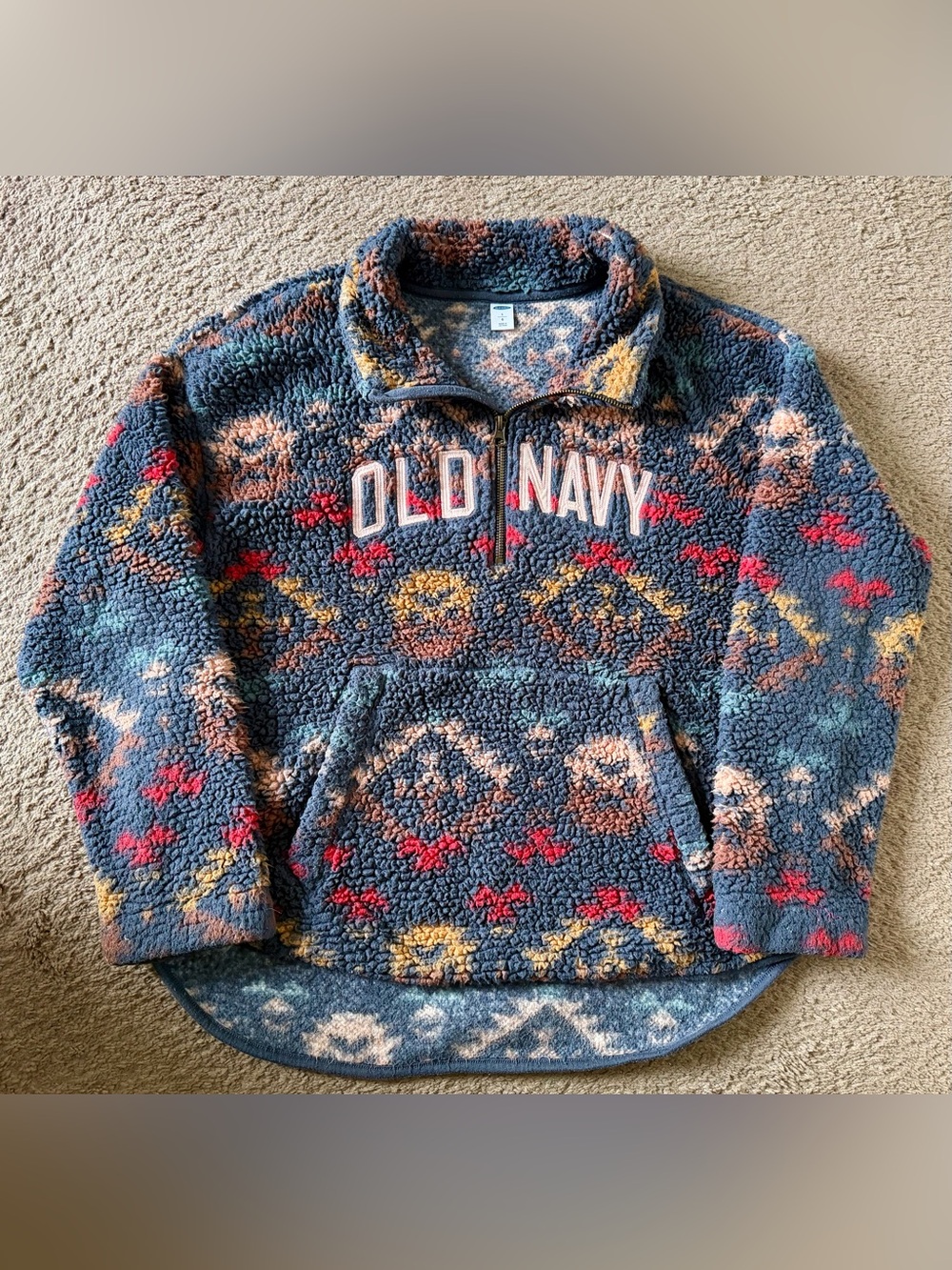 OLD NAVY 1/2 Zip Sherpa Sweater Women’s large Relaxed Cozy Logo Aztec Pullover